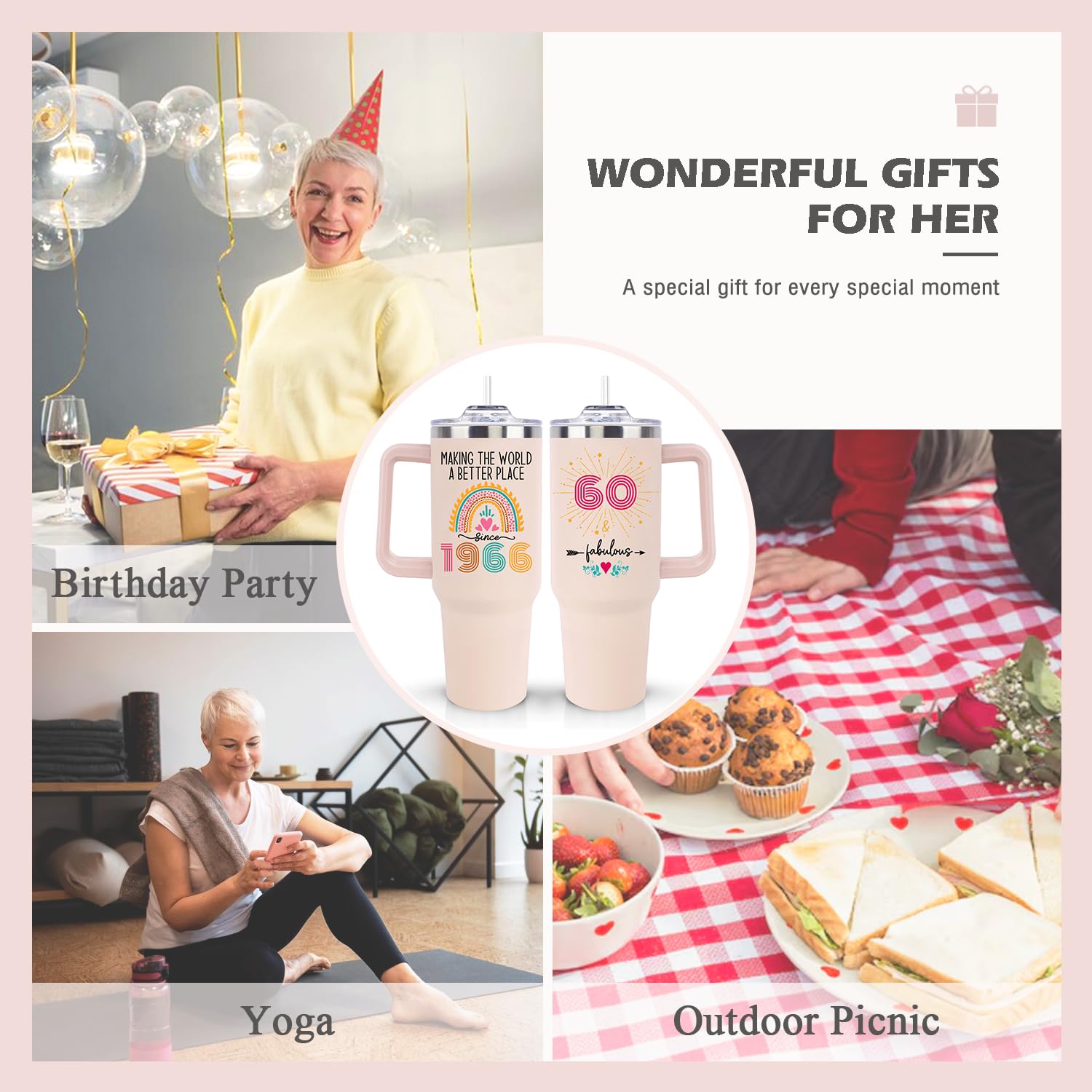 60th Birthday Gifts for Women Unique Fun Funny Cute 1966 60 th Birthday Gift for Woman Turning 60 Year Old Mom Mother Wife Aunt Auntie Sisters Teacher Friend and Fabulous Coffee Mug 40oz Tumbler