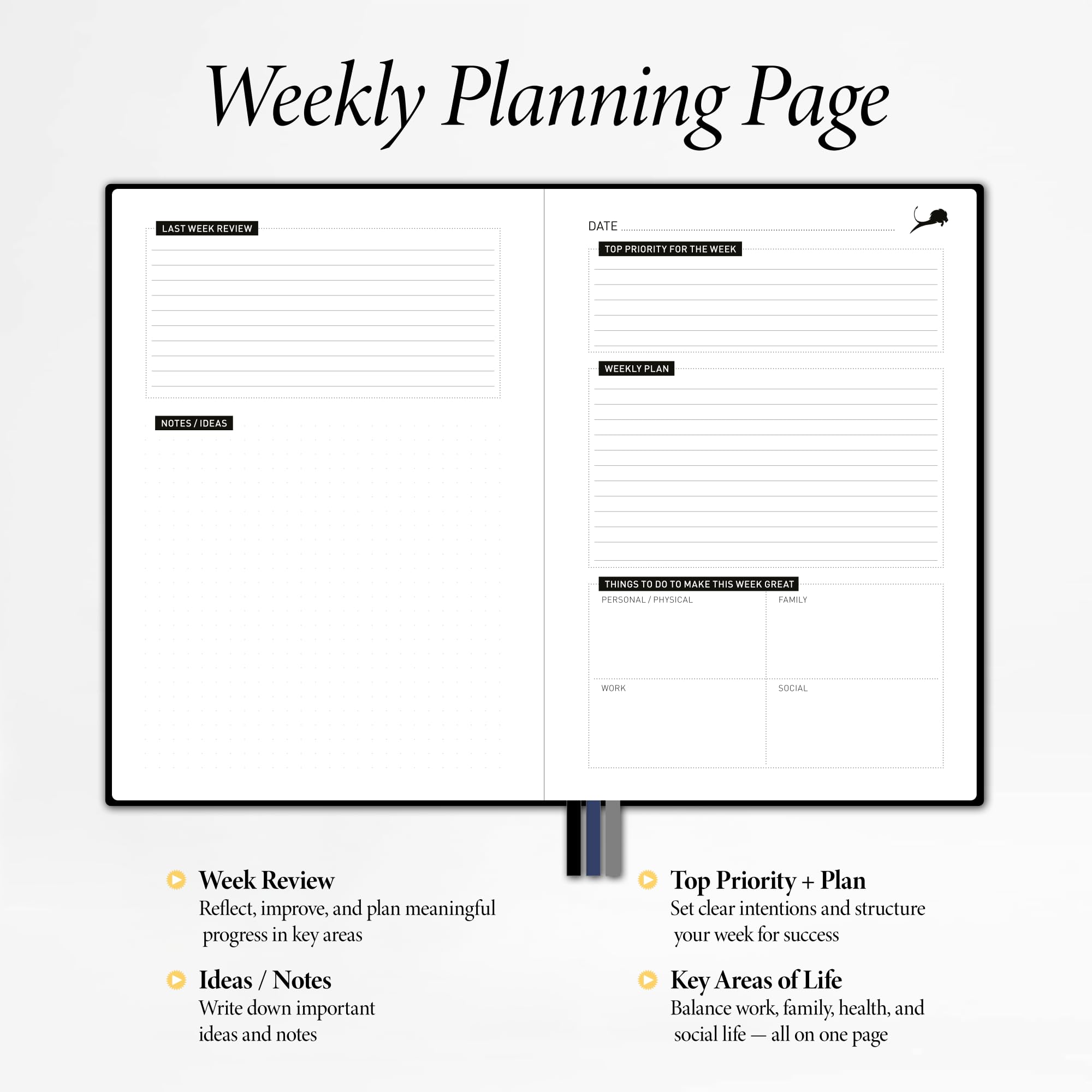 Daily Planner, Calendar & Gratitude Journal to Improve Time-Management, Productivity & Happiness | Vegan Leather Hardcover Organizer with Blank Dates, Undated 6 Months ADHD Planner, 24 Hour Agenda, Teacher Planner & Calendar (Black)