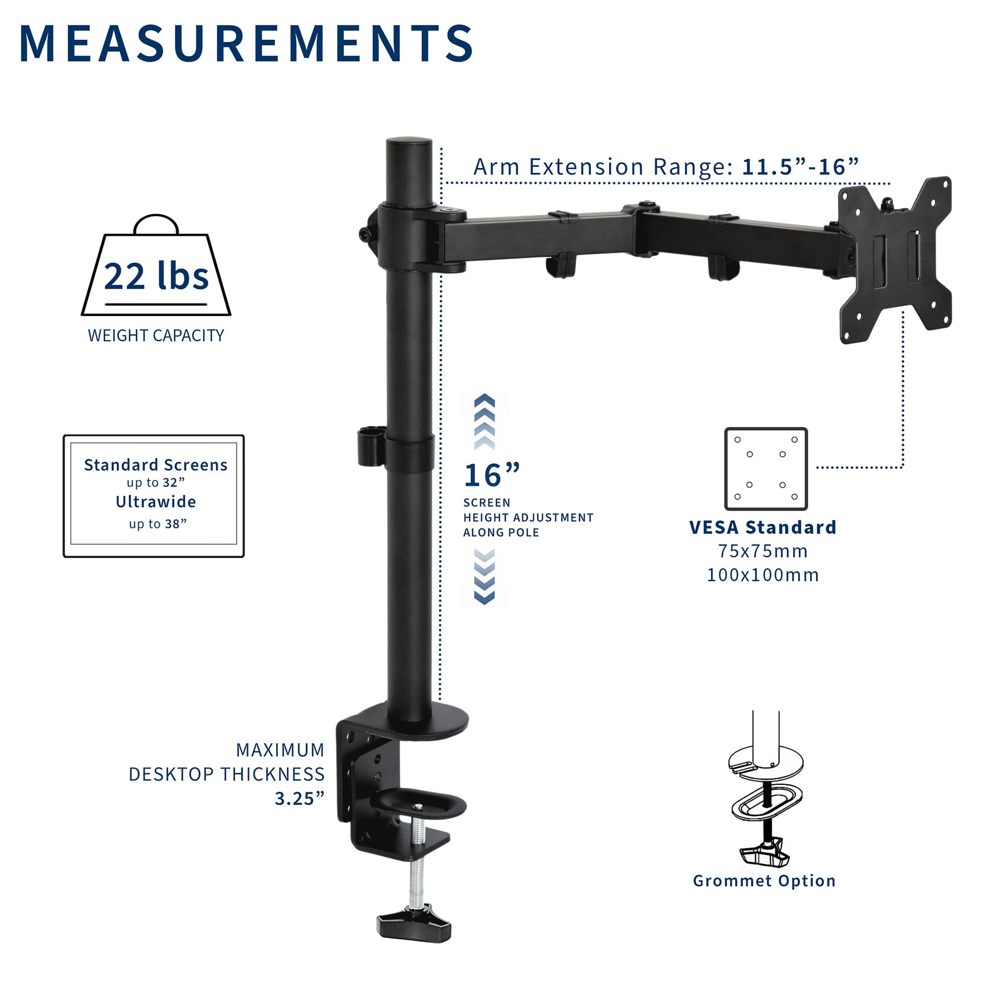 VIVO Single Monitor Arm Desk Mount, Holds Screens up to 32 inch Regular and 38 inch Ultrawide, Fully Adjustable Stand with C-Clamp and Grommet Base, VESA 75x75mm or 100x100mm, Black, STAND-V001