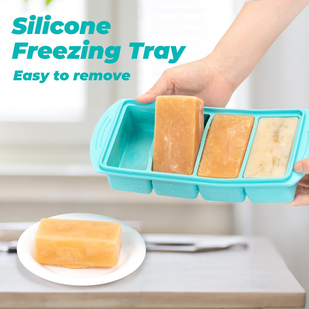 Soup Freezer Container, 2 Packs Silicone Freezer Mould with Lid, Large Ice Cube Tray, 4-Compartment Meal Prep Food Soup Storage Containers, Blue (4-Compartment-2Pc)