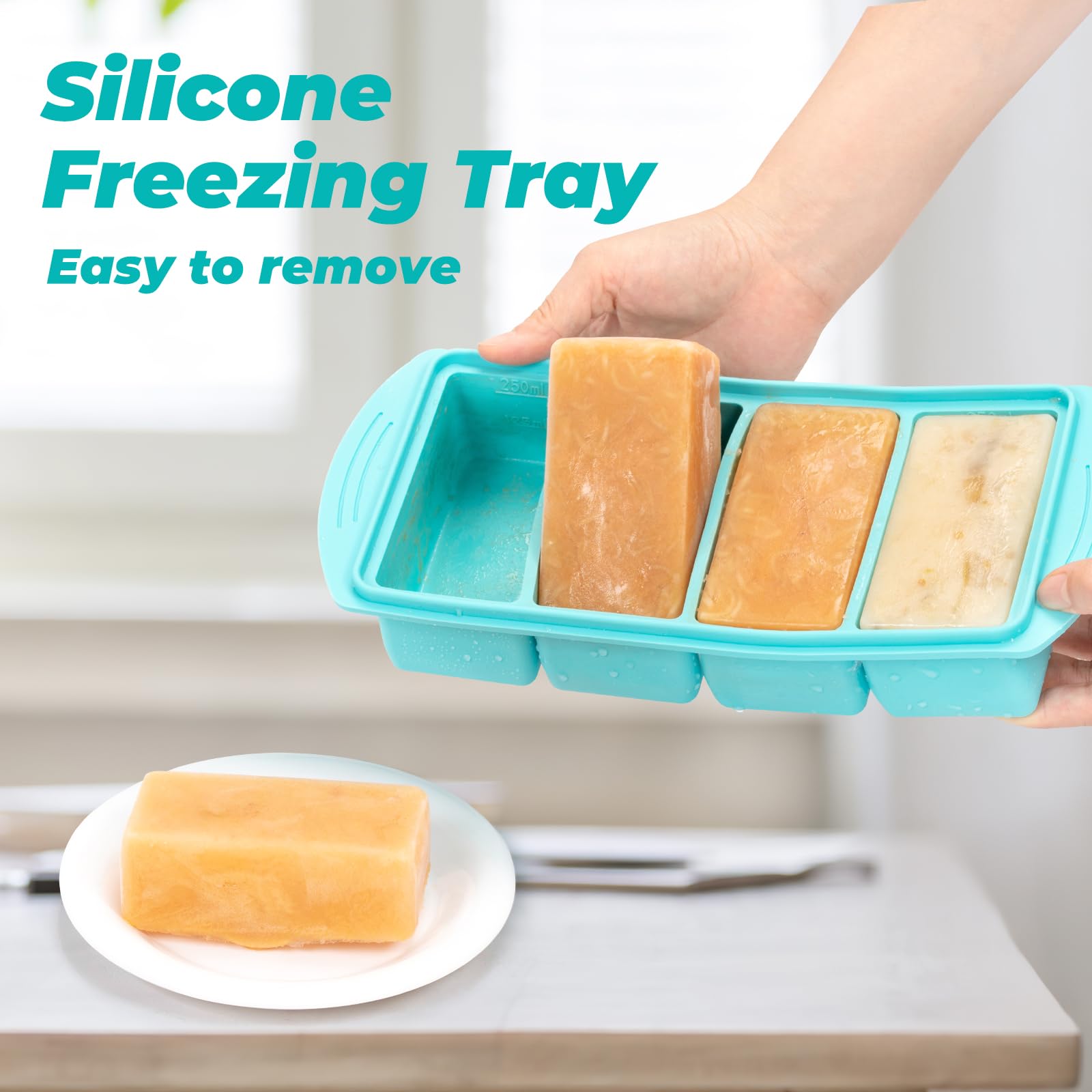 Soup Freezer Container, 2 Packs Silicone Freezer Mould with Lid, Large Ice Cube Tray, 4-Compartment Meal Prep Food Soup Storage Containers, Blue (4-Compartment-2Pc)