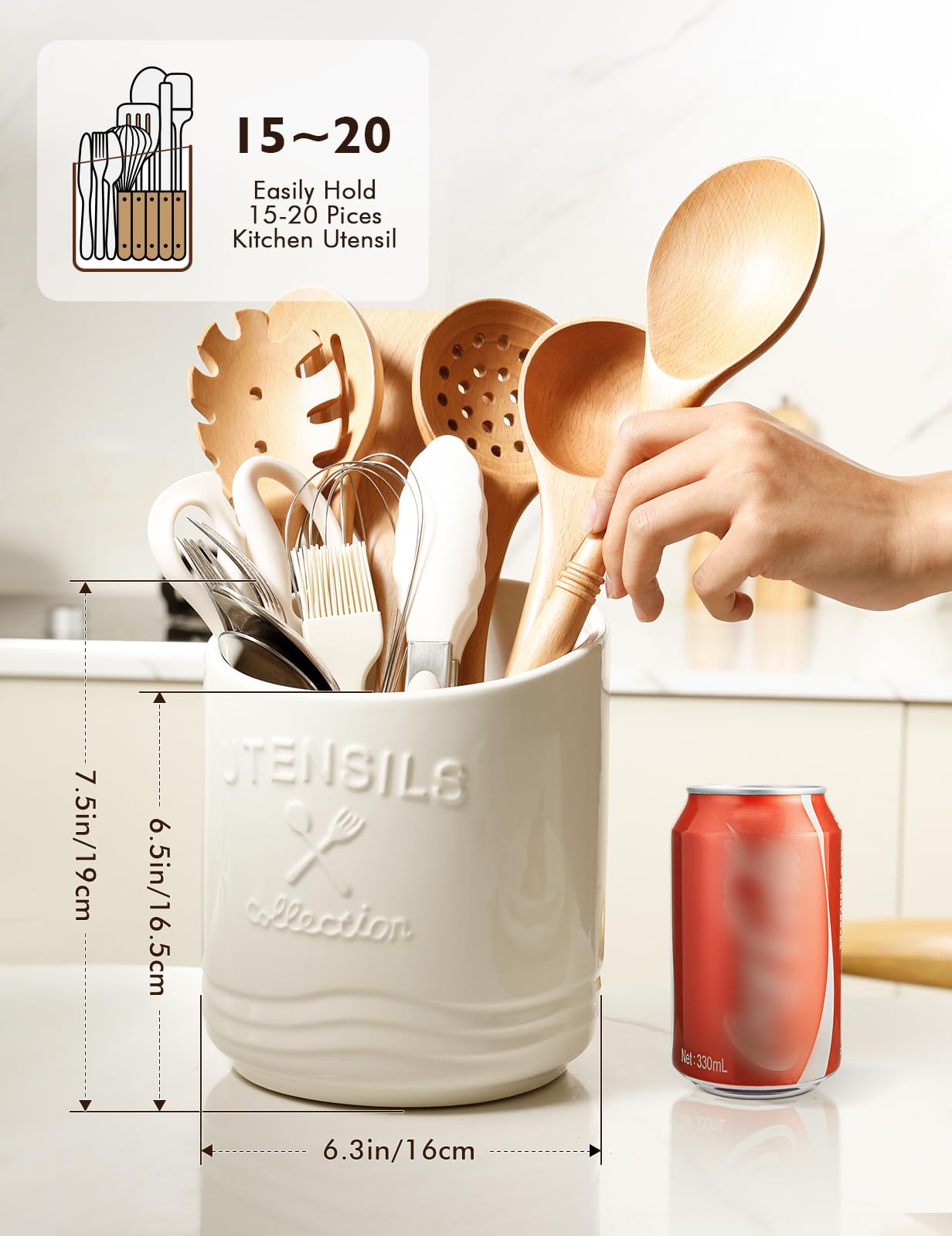 Utensil Holder for Counter,7.5" Large Kitchen Cooking Ceramic Utensil Holder for Farmhouse Décor,15° bevel design,Non-Slip Cork Base,White