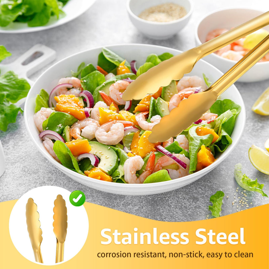 Worldity 10 Pack Gold Serving Tongs, Non-Slip & Easy Grip Golden Kitchen Utensils, Stainless Steel Gold Serving Tongs for Buffet, Salad Tongs for Bread, Fruit, Ice, Appetizer, Barbecue