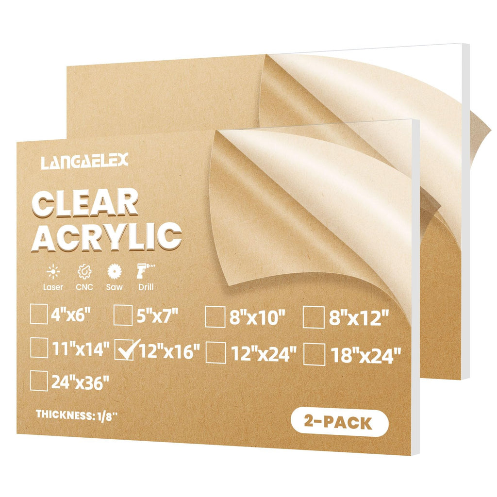 Langaelex Acrylic Sheets - 2 Pack of 12x16 1/8" Thick Clear Cast Plexiglass for Picture Frame Glass Replacement, Projects Display & Painting - Laser Cut for Smooth Edges