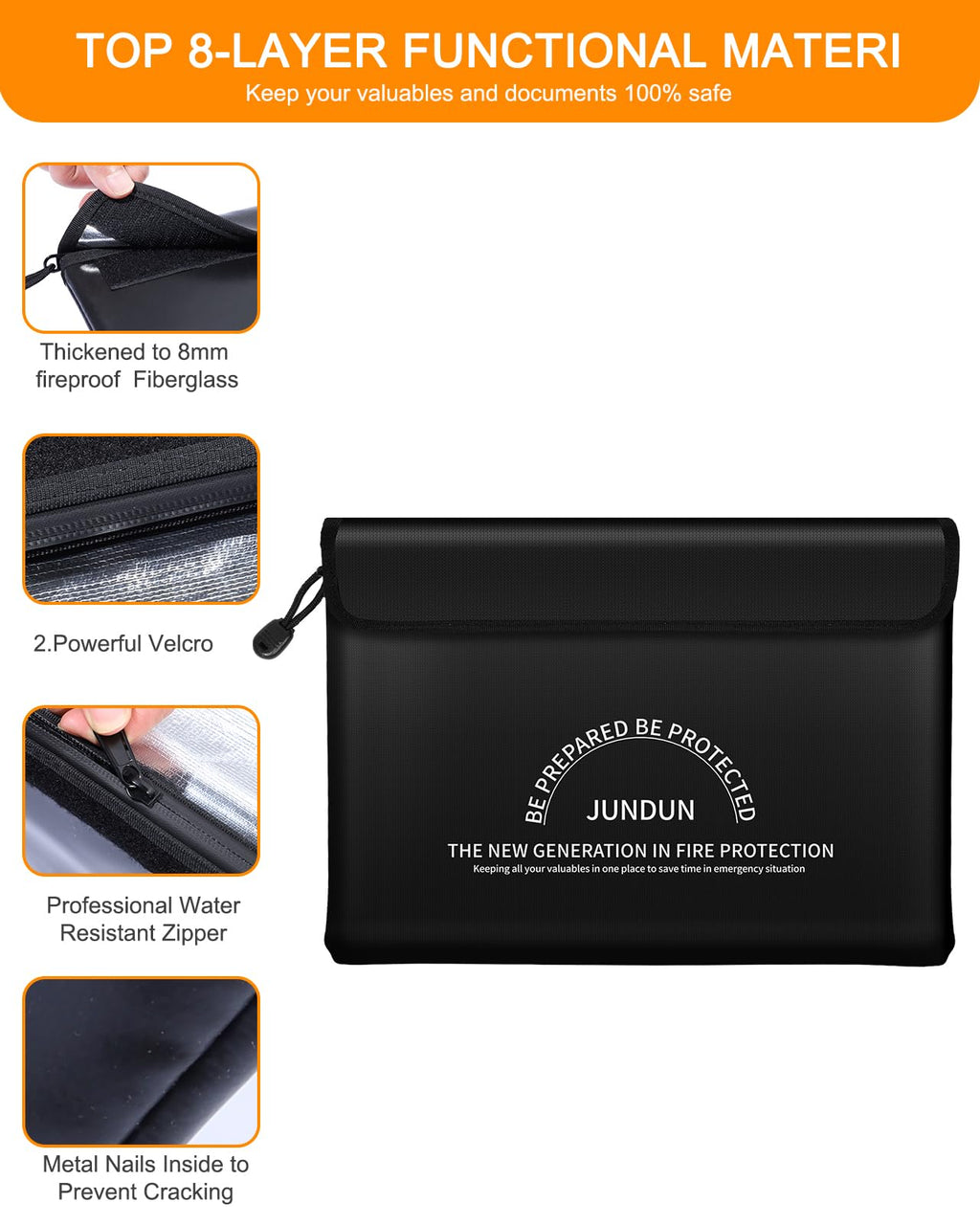 JUNDUN Fireproof Document Bag with 5200℉ Heat Insulated,14.0”x10.4” Waterproof and Fireproof Money Bag,8 Layers Thickened Fire Rated Document Safe Bag Pouch with Zipper for Document,Money and Cash