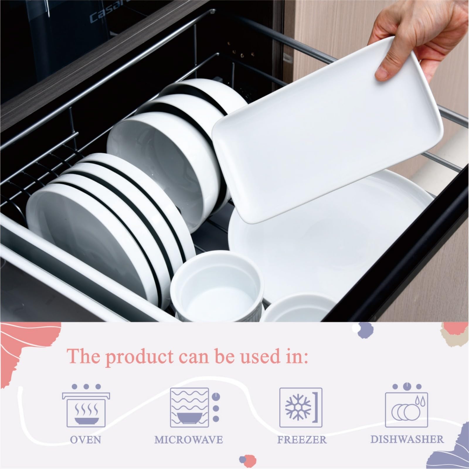 Miicol Small Platters Set of 6, Ceramic Rectangle Plates 9 Inch / 23 cm, Modern Sushi Plate Set, White Serving Dishes for Serving Food, Appetizer, Dessert, Dinner, Party