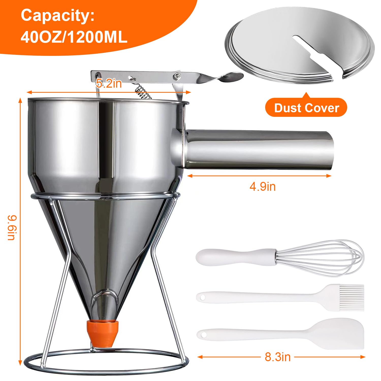 40oz Pancake Batter Dispenser, Stainless Steel Funnel Cake Dispenser with 4 Silicone Nozzles, 3 Brushes, 1dust Cover, Exquisite Box Packaging, Perfect for Waffle, Pancakes, Cupcakes, and Funnel Cakes