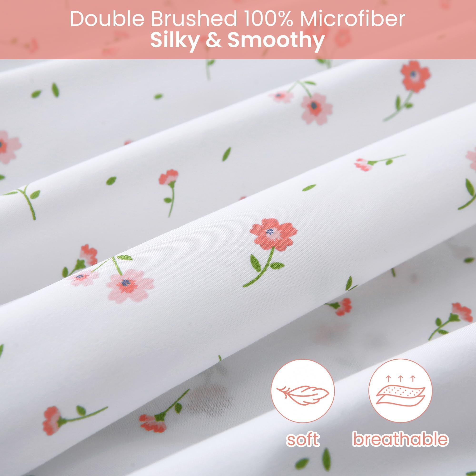 Softan Pink Floral Full Sheet Set Printed Sheets Double - 4 Piece Microfiber Patterned Fitted Sheets with 15" Deep Pocket, Cute Pink Flower Sheets with Straps
