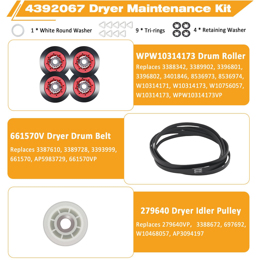 4392067 Dryer Repair Kit Compatible with Whirlpool Maytag Kenmore, Replaces 4392067VP PS373088 AP3109602, 27 Inch Dryer Repair Kits Include 279640 Idler Pulley W10314173 Drum Roller 661570 Belt