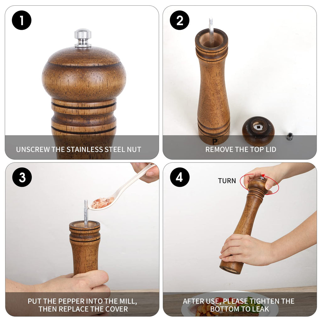 Haomacro Salt and Pepper Grinder Set, Wooden Salt Pepper Mill Grinders Kitchen Manual Wood Pepper Mills Set Refillable Adjustable Coarseness Ceramic Rotor 10 Inches,2pcs