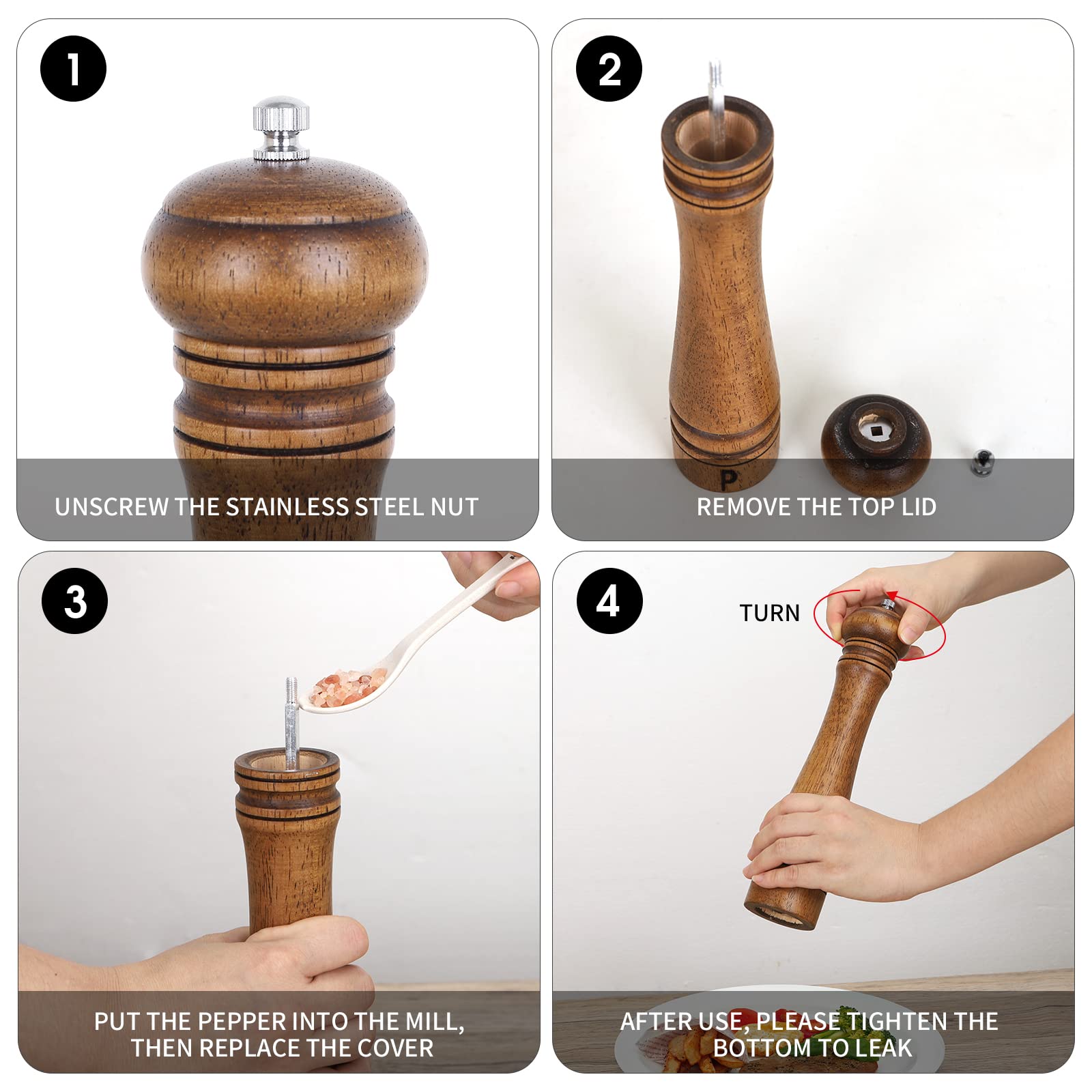 Haomacro Salt and Pepper Grinder Set, Wooden Salt Pepper Mill Grinders Kitchen Manual Wood Pepper Mills Set Refillable Adjustable Coarseness Ceramic Rotor 10 Inches,2pcs