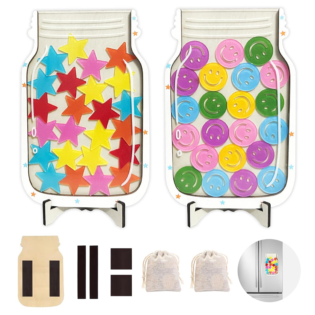 2 Pack Magnetic Reward Jar,Star and Smiley Face Reward Jar,Star Jar Reward System for Kids,Good Behavior Home Classroom Responsibility Routine Training Tool for Boys Girls