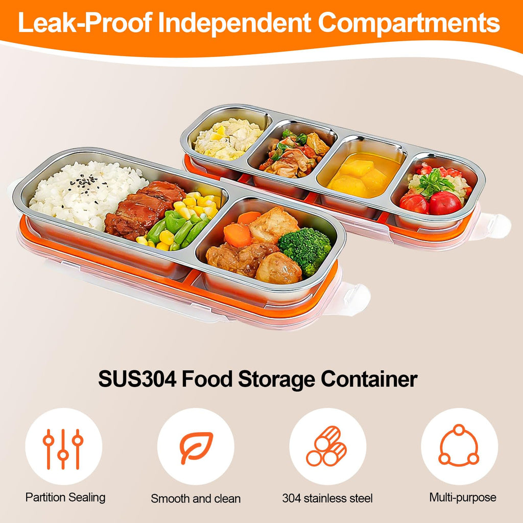 304 Stainless Steel Snack Box Snackle Box 4+2 Compartments with Lids Portable Food Container for School, Office & Picnic. (2 Pcs)