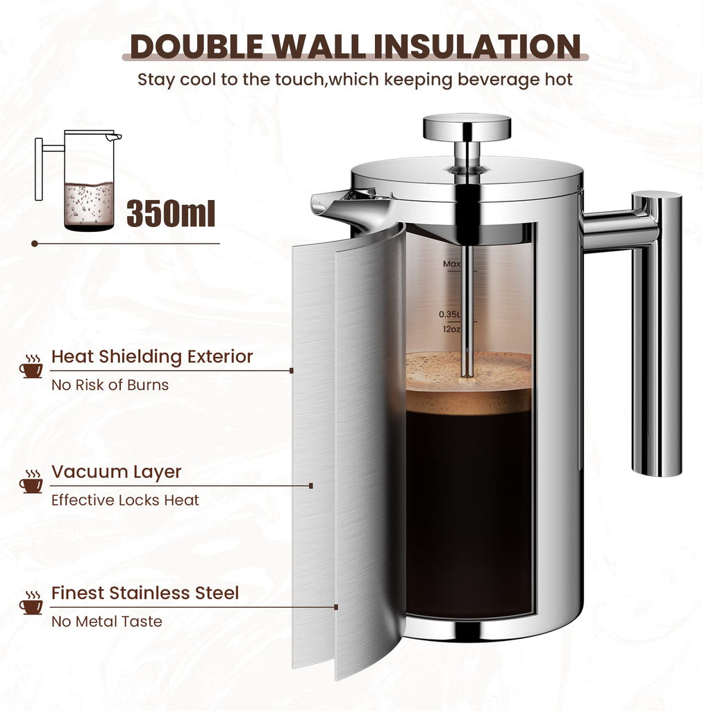 Velaze French Press Coffee Maker, Stainless Steel Double Wall Insulated French Press Coffee Press, Small Coffee Maker Included 4 Extra Fliters and 1 Coffee Spoon, 350ML, 12 oz