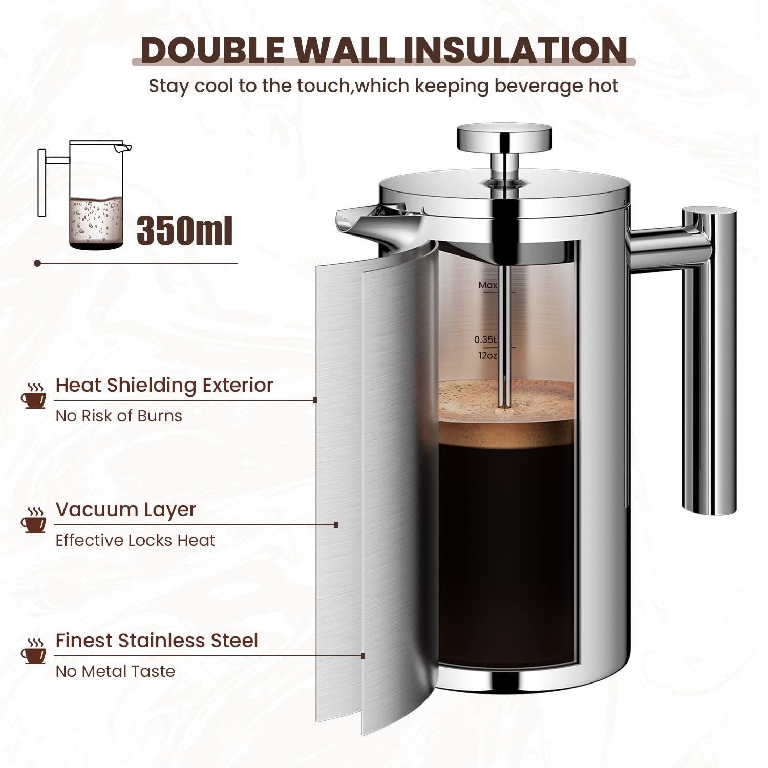 Velaze French Press Coffee Maker, Stainless Steel Double Wall Insulated French Press Coffee Press, Small Coffee Maker Included 4 Extra Fliters and 1 Coffee Spoon, 350ML, 12 oz