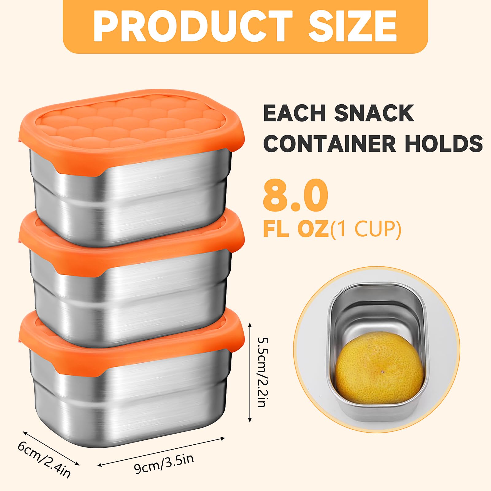 6 Pack Food Container Set, 8 Oz Small Stainless Steel Lunch Container with Orange Silicone Lid, Leak Proof Food Storage Containers Metal Lunch Box for Adults, Snack, Sandwich