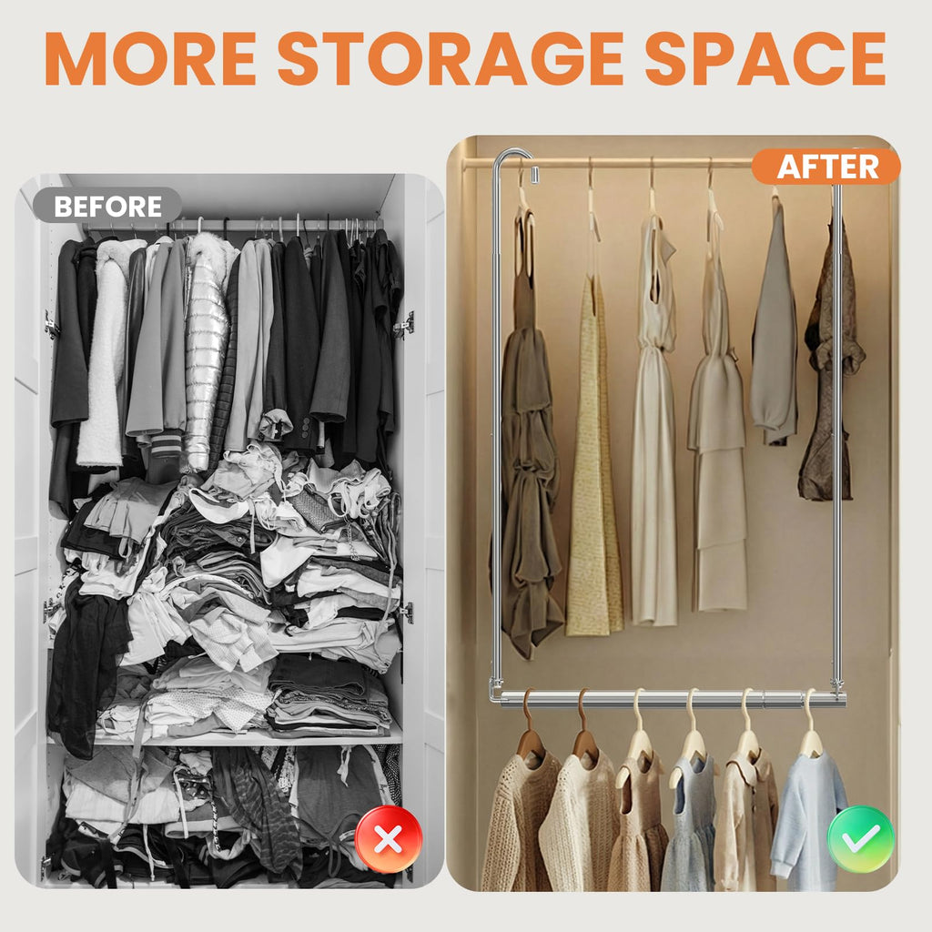 Hanging Closet Rod, Adjustable Height & Width Closet Rods for Hang ing Clothes-Closet Extender Rod Space-Maximizing Design Suitable for Hanging and Drying Clothes, Silver