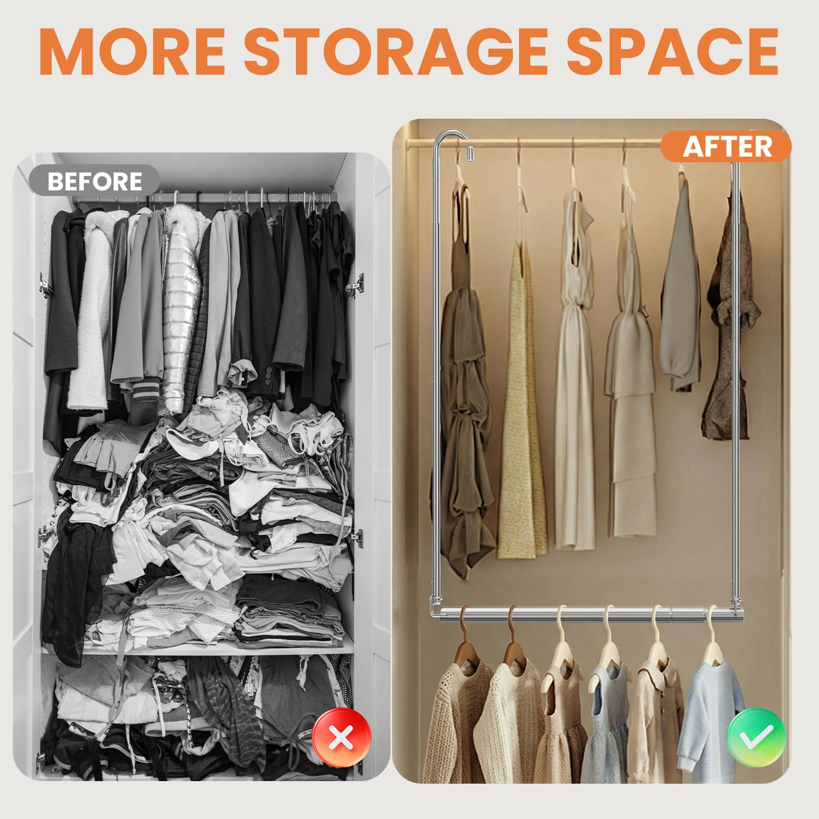 Hanging Closet Rod, Adjustable Height & Width Closet Rods for Hang ing Clothes-Closet Extender Rod Space-Maximizing Design Suitable for Hanging and Drying Clothes, Silver