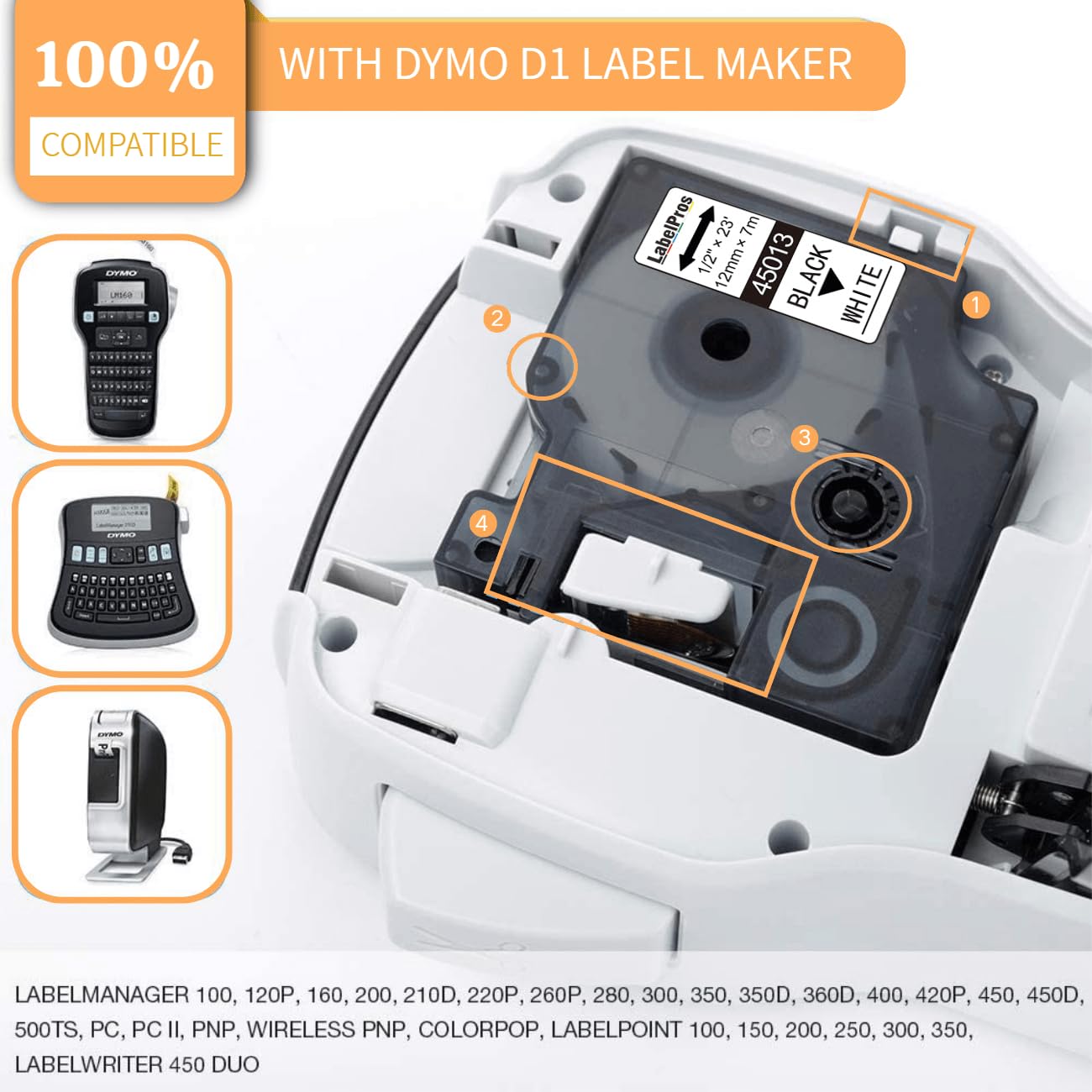 Replace DYMO D1 Label Tape 45013 S0720530 D1 Refills Compatible for DYMO LabelManager 160 280 420P PnP 220P 360D 450 210D, 1/2” W x 23’ L, 12mm x 7m, Black on White, 5 Refills