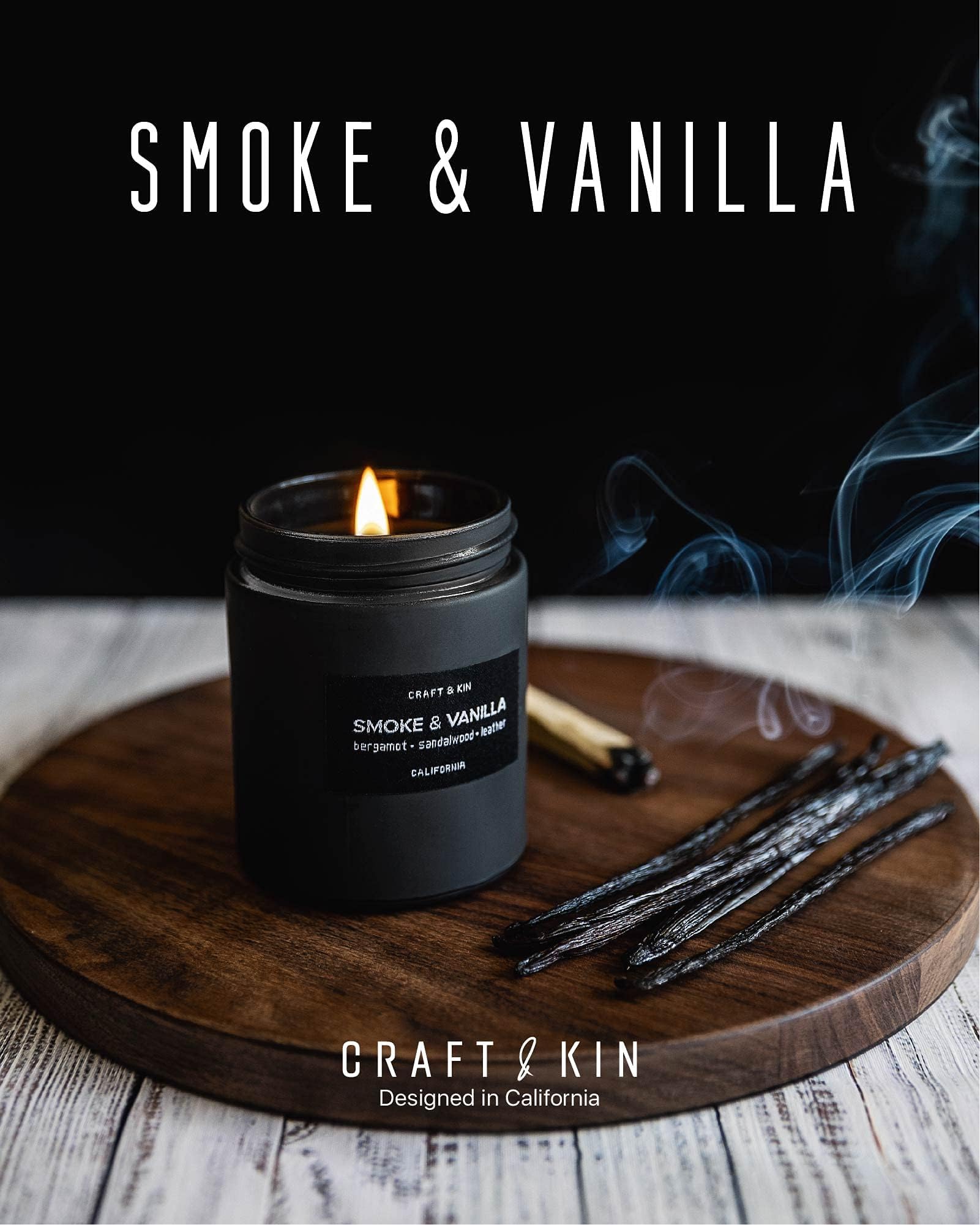 Craft & Kin Scented Black Candles for Men | Premium Smoke & Vanilla Scented Candles | Long Lasting Candle with 45 Hour Burn Time, 7.6oz