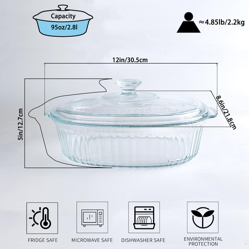 Vitrignis Casserole Dish With Lid - 3qt Glass Baking Dishes For Oven - Clear oval Glass Casserole Dish - Cookware For Cooking, Baking, Serving