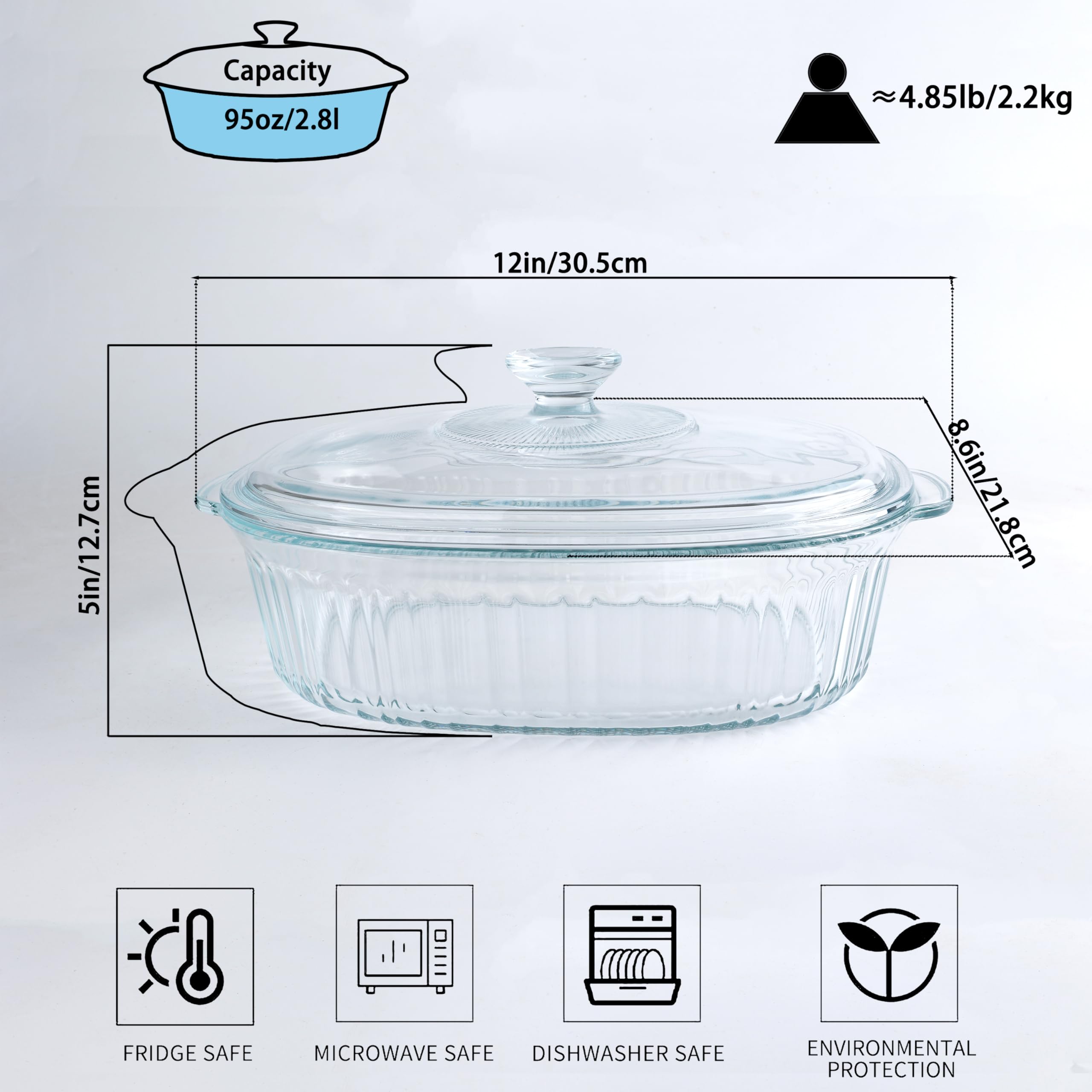 Vitrignis Casserole Dish With Lid - 3qt Glass Baking Dishes For Oven - Clear oval Glass Casserole Dish - Cookware For Cooking, Baking, Serving