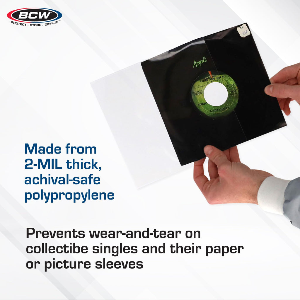 BCW 45 RPM Record Sleeves - 200 Count | Fits Standard 7 Inch Single 45s | Snug-Fit 2 Mil Polypropylene Outer Sleeves | Archival Plastic Covers for Vinyl Record Storage and Protection