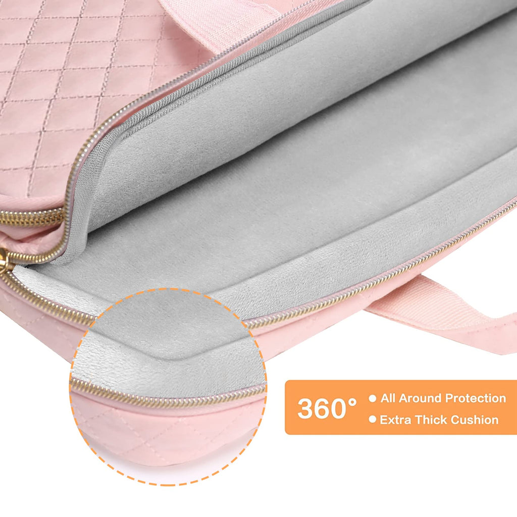 MOSISO 360 Protective Laptop Case 13.3 inch, 13-13.3 inch Laptop Sleeve Compatible with MacBook Air/Pro 13/Pro 14,HP Dell ASUS Lenovo, Square Quilted Bag Cover with 2 Pockets&Handle&Belt,Chalk Pink