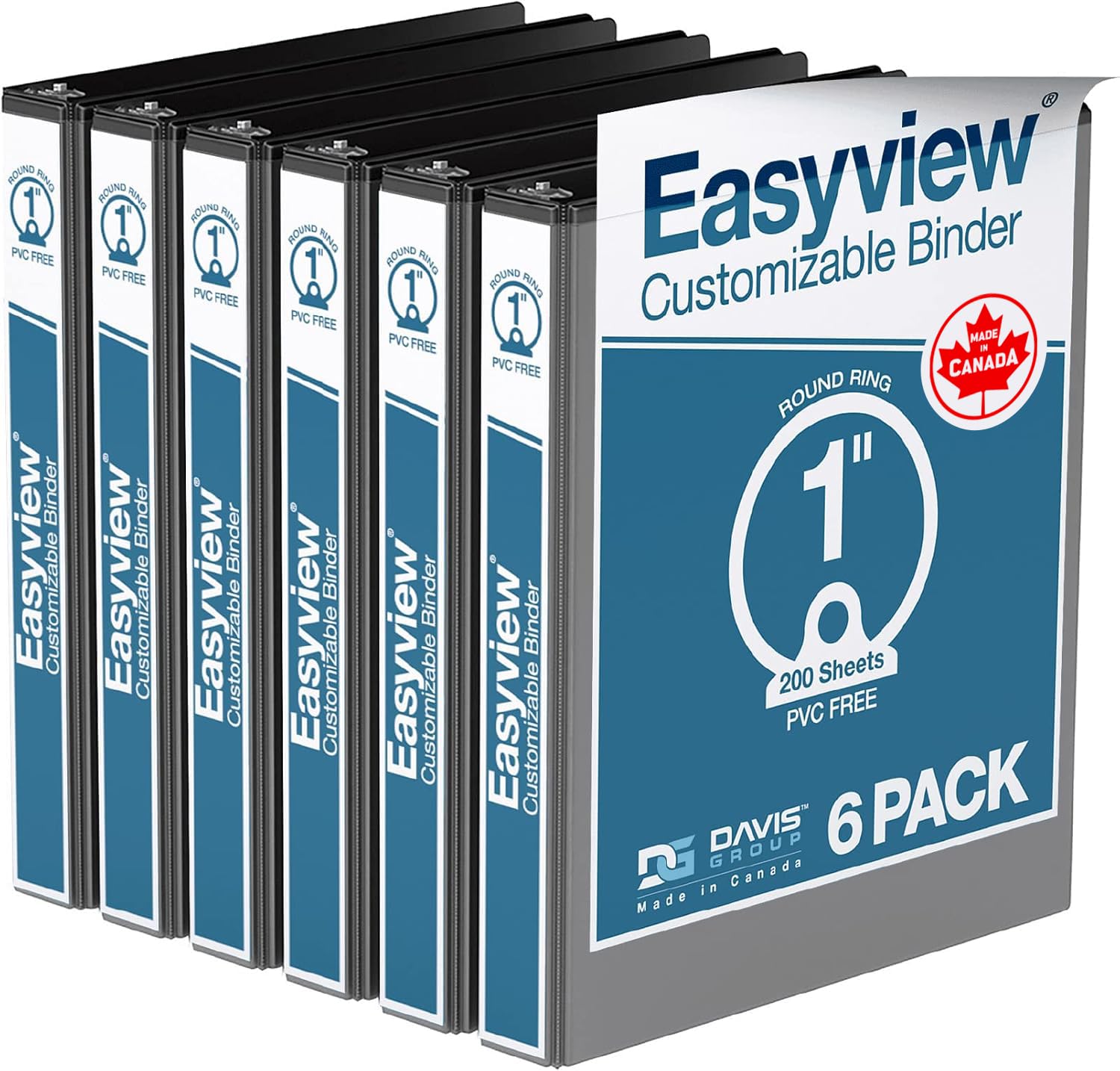 EasyView Premium 1-Inch Binders with Clear-View Covers, 3-Ring Binders for School, Office, or Home, Colored Binder Notebooks, Pack of 6, Round Ring, Black