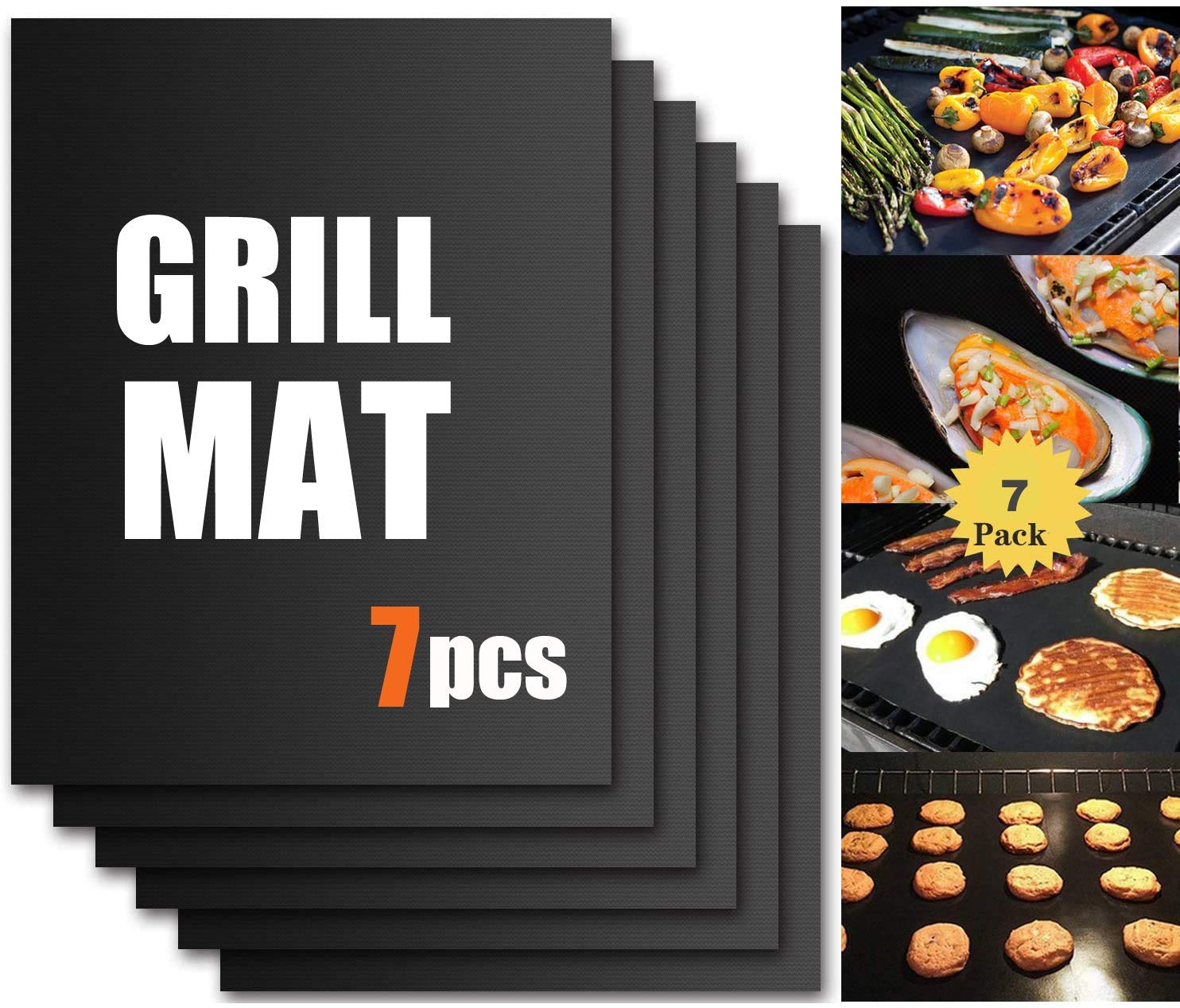 BBQ Grill Mat, Non-Stick Reusable Heat Resistant Baking Mat Pads, Durable Easy-to-Clean Sheets, PFOA-Free, Perfect for Grilling Meat, Veggies, Seafood on Gas, Charcoal, Oven, Electric Grills - 7 PCS