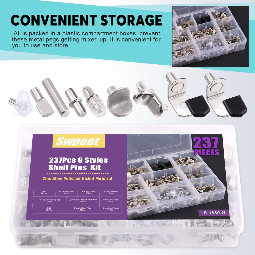 Swpeet 237Pcs 9 Styles Nickel Plated and Metal Shelf Pins Kit with Black Rubber Sleeves, Shelf Bracket Pegs Cabinet Shelf Support Peg Furniture Cabinet Shelf Pegs for Shelf Holes on Cabinets