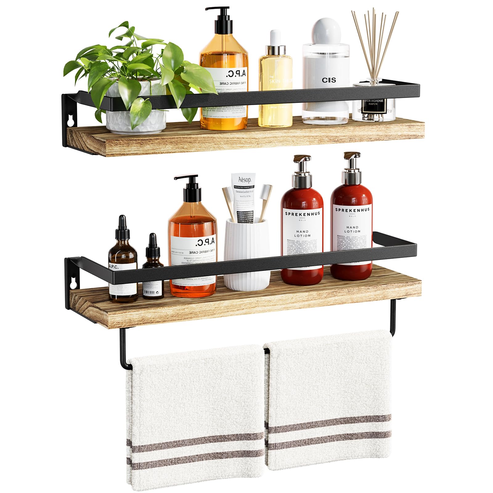 AMADA HOMEFURNISHING Rustic Floating Shelves Wall Mounted, Solid Metal with Removable Towel Holder, Wall Shelf Set of 2, 18kg Weight Capability, Storage Shelves for Kitchen, Bathroom,Laundry room etc
