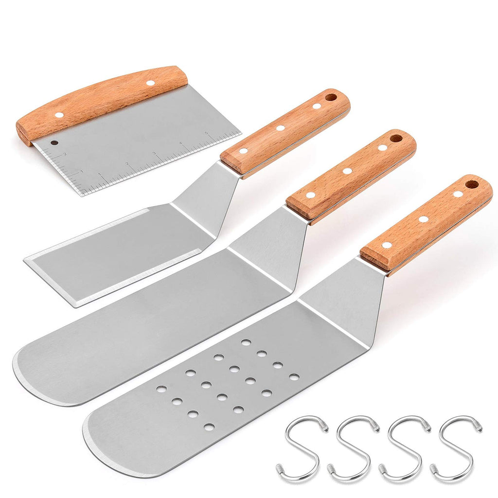 HaSteeL Metal Spatula Set of 4, Stainless Steel Griddle Spatula Tools Set with Wooden Riveted Handle, Professional Griddle Accessories Kit for Teppanyaki BBQ Flat Top Hibachi Cooking Grilling