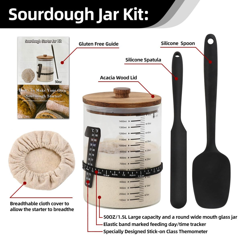 50oz Sourdough Starter Jar Kit with Glass Jar Black Silicone Scraper Feeding Date Marked Band and Thermometer Silicone Spoon Sourdough Bread Baking Supply