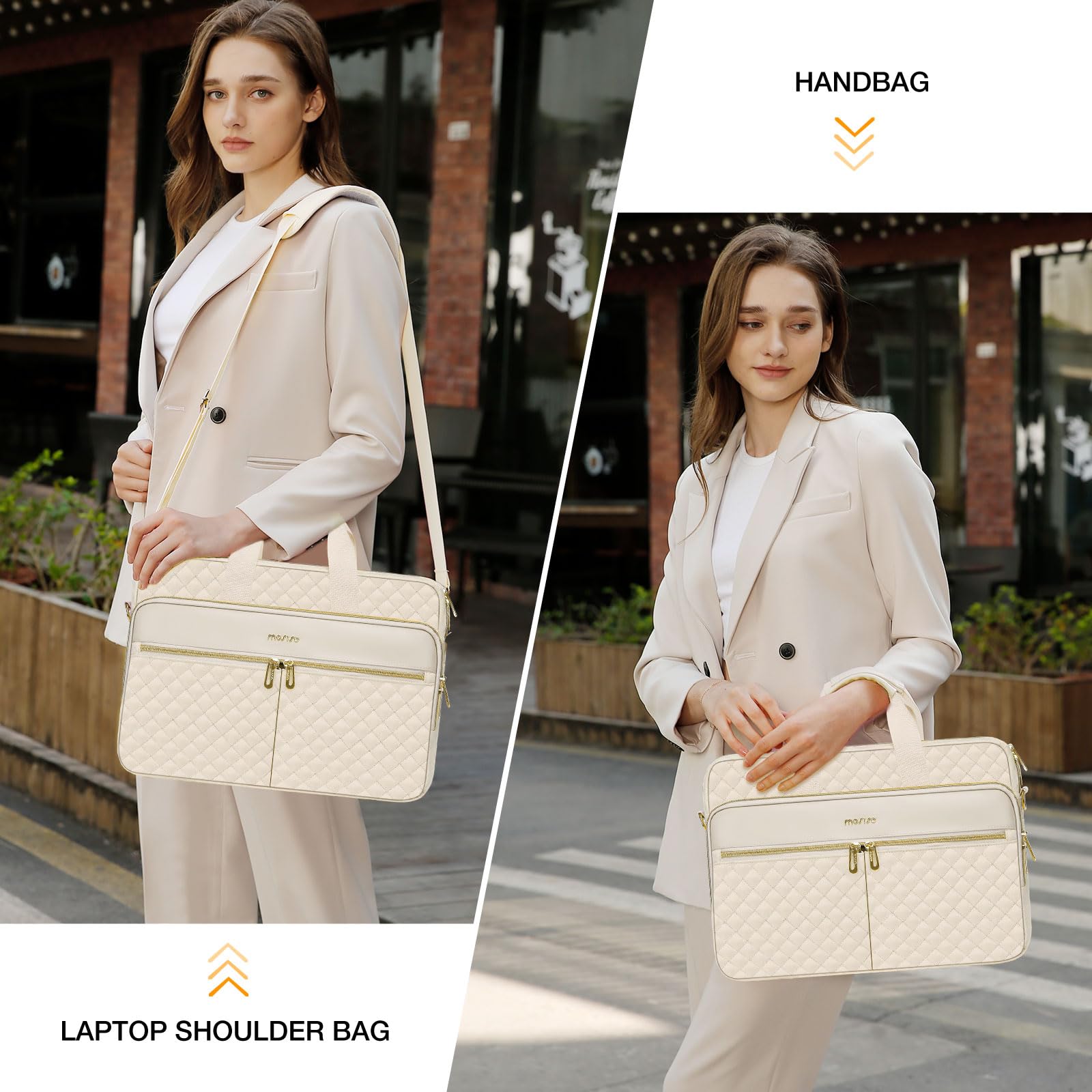 MOSISO Laptop Bag 13.3 inch, Briefcase for Women&Men, 13-14 inch Laptop Case Square Quilted Computer Messenger Bag Office Travel Business with 3 Pockets&Strap, Beige