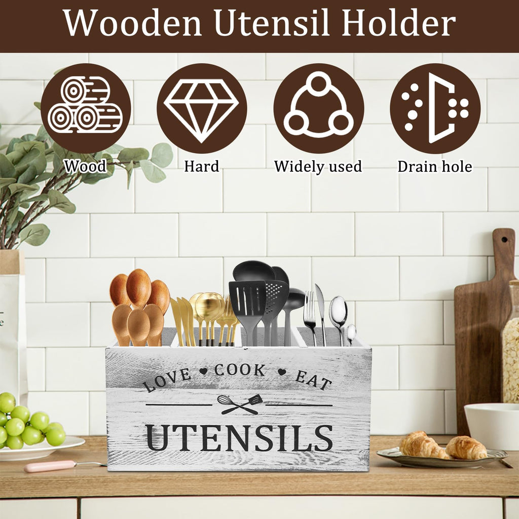 Wooden Kitchen Utensil Holder with 4 Compartments, Wooden Utensil Organizer with Drainage Bottom, Cooking Storage Utensils Caddy for Farmhouse Countertop Decor, 11.8 x 4.5 x 5.9 Inch (Burlywood)