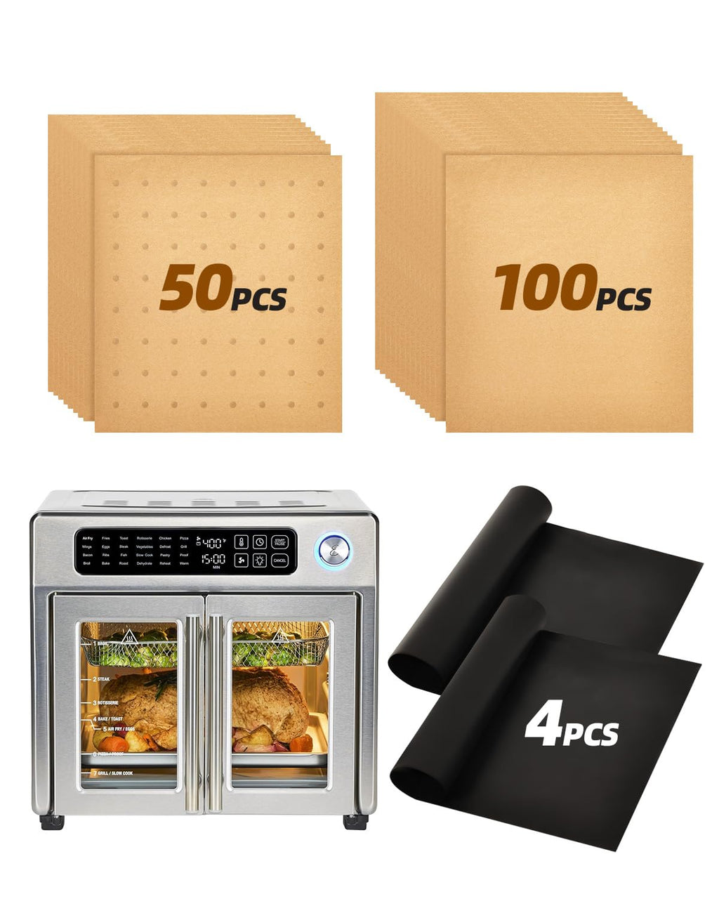 154PCs Paper Liners Compatible with Emeril Lagasse 26QT Extra Large Air Fryer Toaster Oven Accessories,100PCs Unbleached Parchment Paper,50PCs Disposable Liners with Holes, 4PCs Reusable Baking Mats