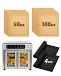 154PCs Paper Liners Compatible with Emeril Lagasse 26QT Extra Large Air Fryer Toaster Oven Accessories,100PCs Unbleached Parchment Paper,50PCs Disposable Liners with Holes, 4PCs Reusable Baking Mats