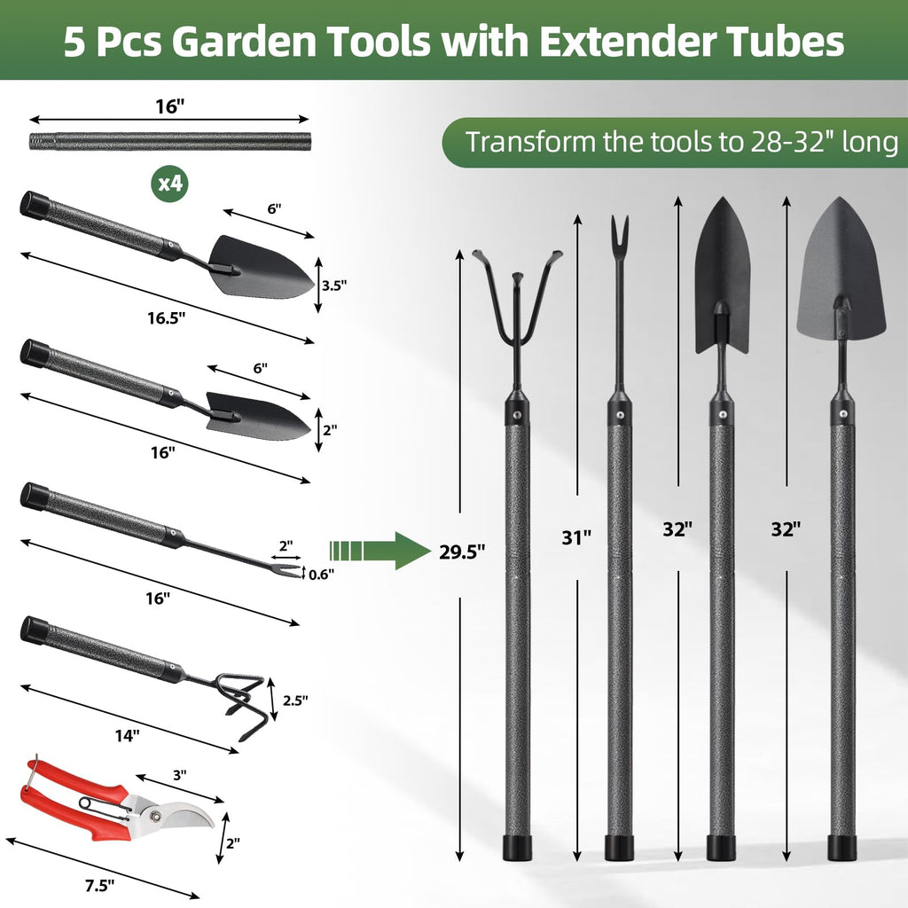 Garden Tools Set, 5Pcs Hand Garden Tools with Extensions, Rustproof Metal Gardening Tool Shovel Weeder Tiller Pruning Shear Gardening Supplies Gardening Gifts for Women Kids