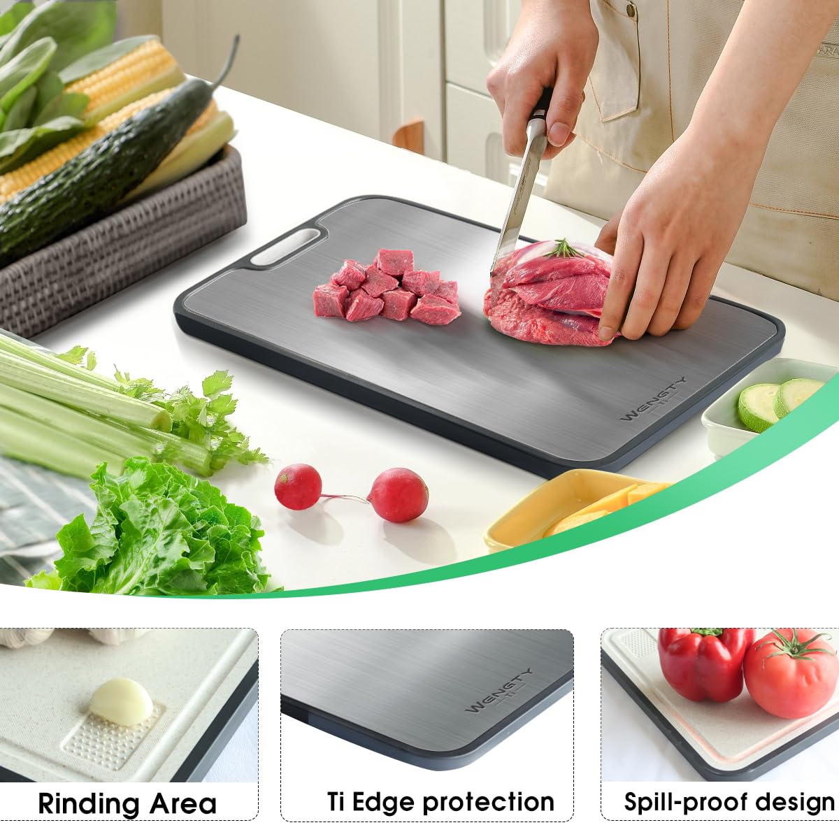 Titanium Cutting Board for Kitchen,Double Sided FoodGrade Pure Titanium&PP,Non-Toxic,Non-Slip,Dishwasher Safe,Easy to Clean,Ideal for Meat,Vegetables,Fruit. Large Size (Titanium, 16" L x 11" W)