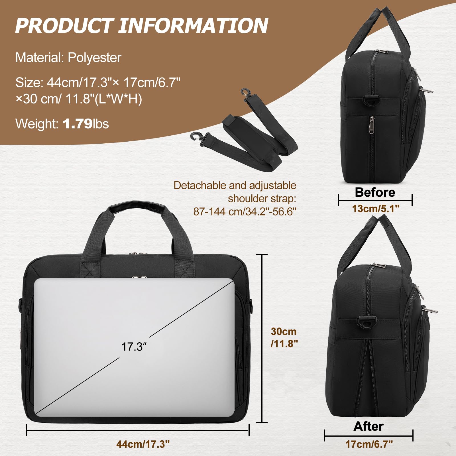 RAINSMORE 17.3 Inch Laptop Bag Expandable Briefcase for Men Large Water-Resistant Computer Messenger Bag Laptop Carrying Case for Work, Office, Travel, Black
