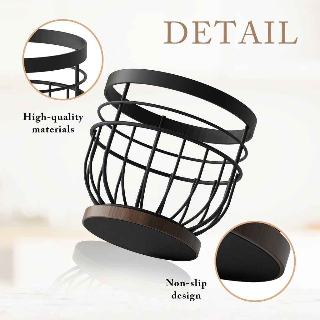 SODSAI Coffee Pod Holder with Wooden Base, Metal Wire Basket K-Cup Organizer, Black Iron, Holds Up to 40 Pods
