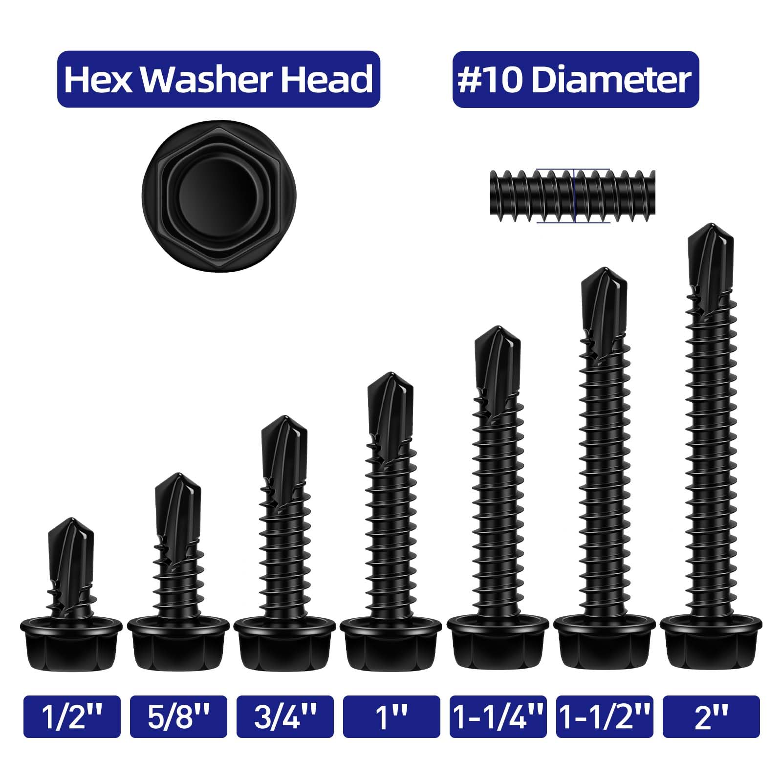 #10 x 1 Hex Washer Head Self Tapping Screws, TEK Screws, Self Drilling, Stainless Steel 410 Sheet Metal Screws, Black Finish, 100 PCS