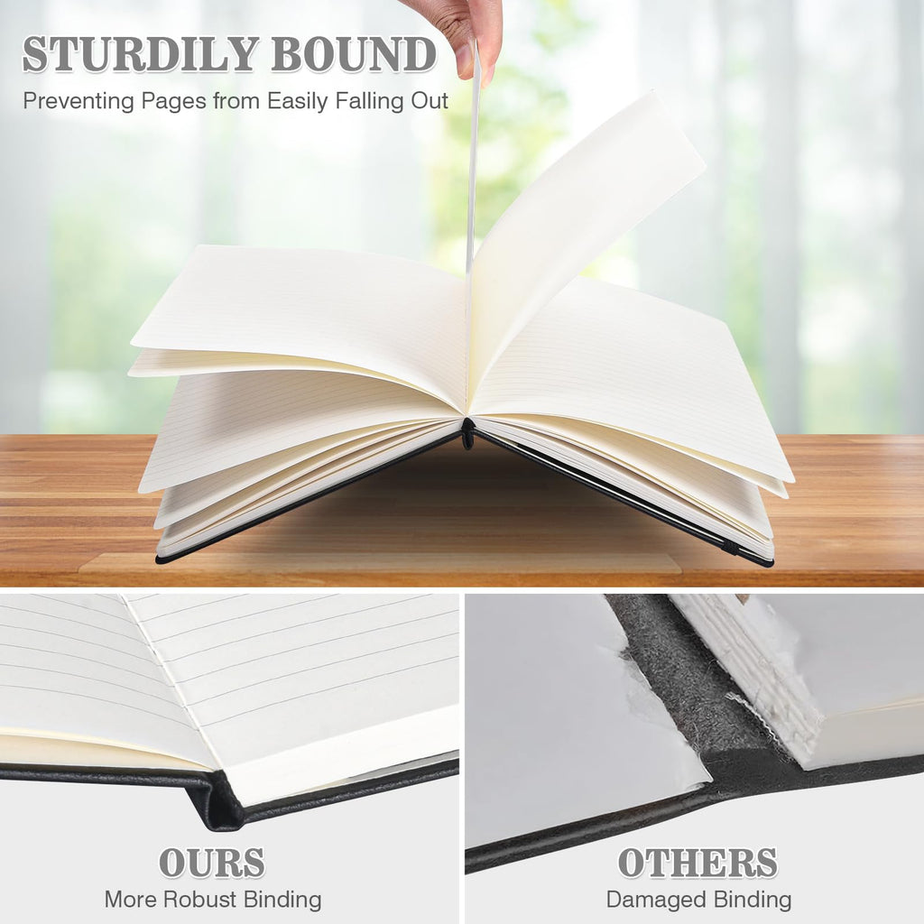 OMEYA 4 Pack Lined Journal Notebooks for Work, 100gsm Thick Paper, 5.7"x 8.3", A5 College Ruled Black Notebook Bulk, Leather Journal for Writing, Hardcover Notebooks for School, Office, Journal for Men