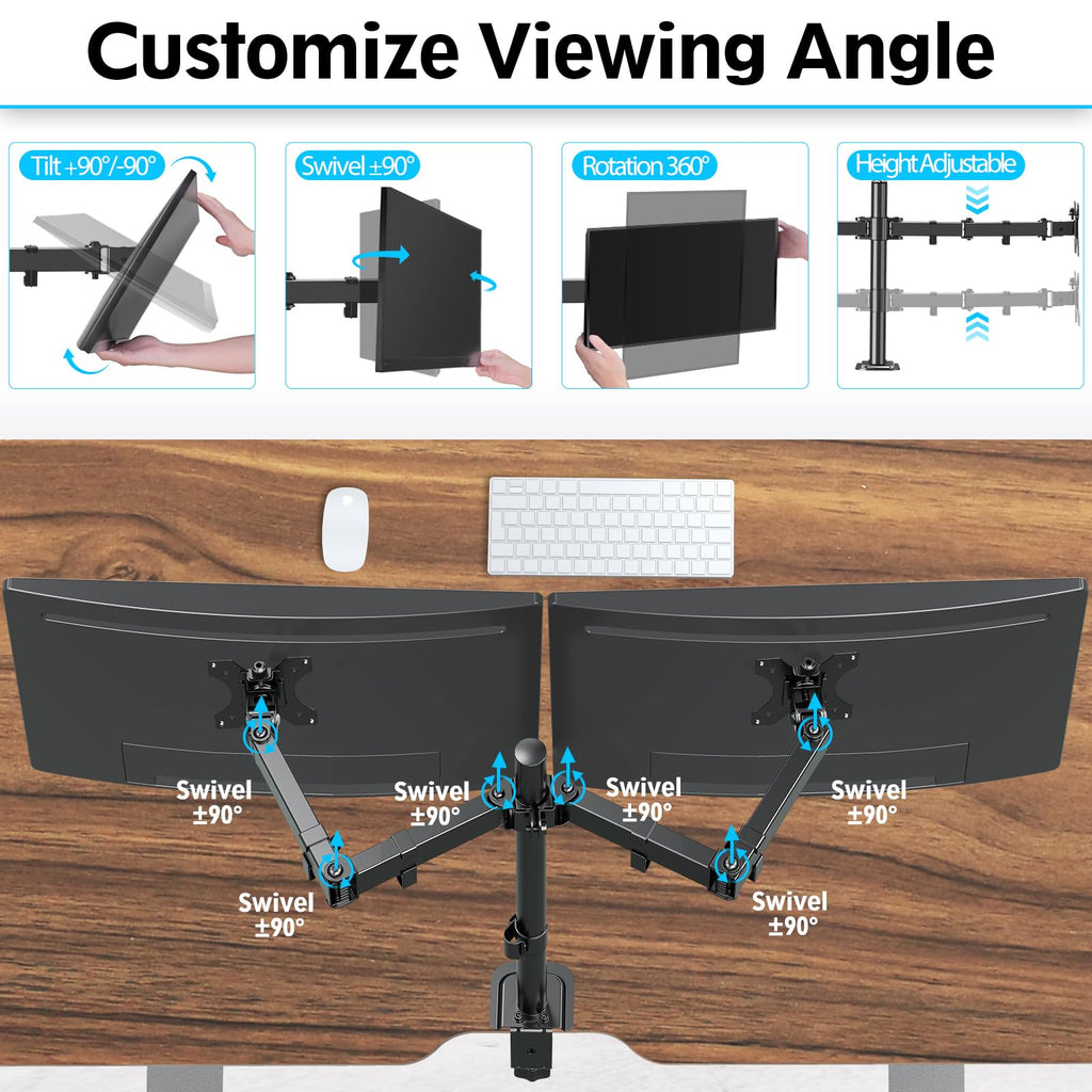 MOUNTUP Dual Monitor Desk Mount, Max 32 Inch up to 17.6lbs, Fully Adjustable Dual Monitor Arm for 2 LCD Screens, Double Monitor Stand with C-Clamp and Grommet Base
