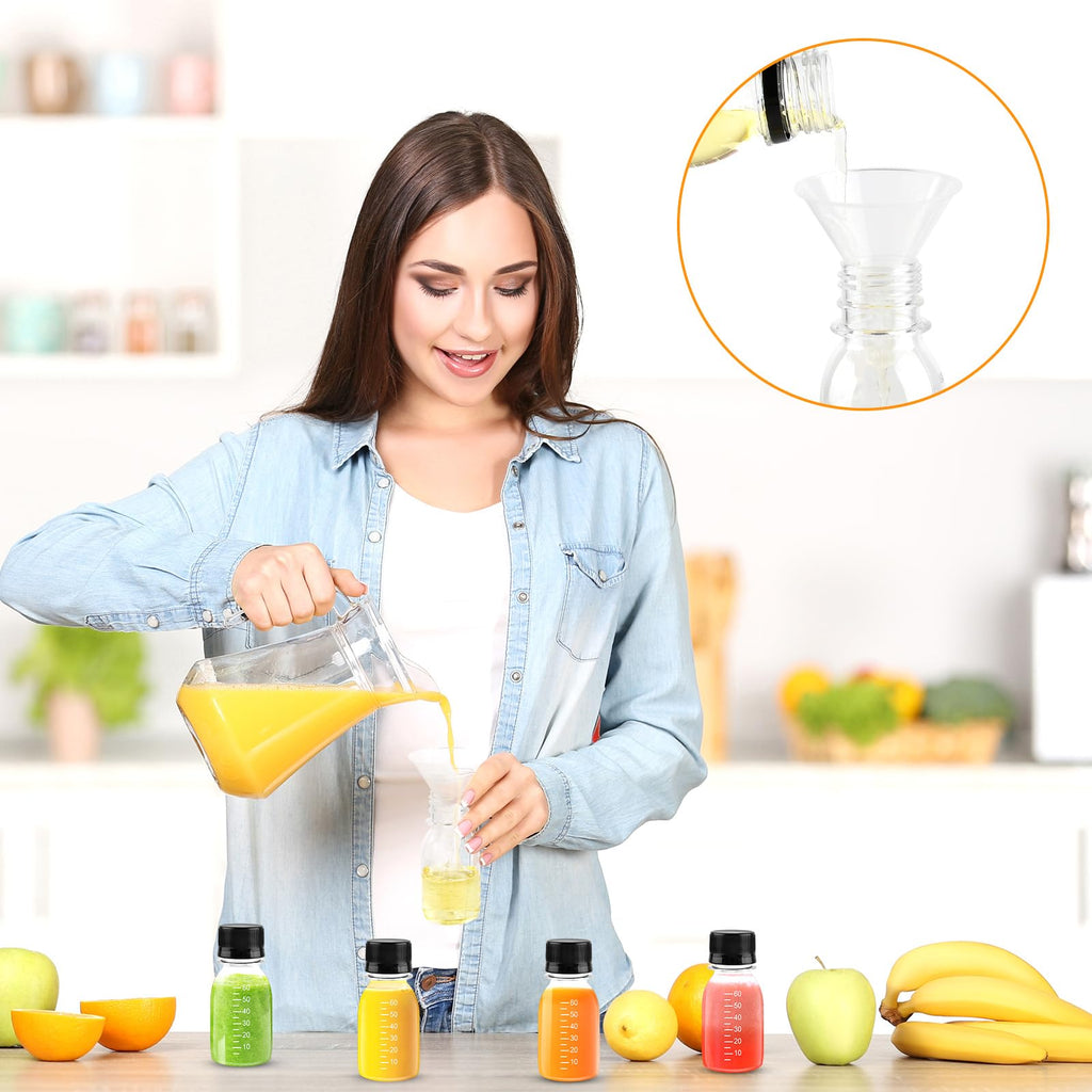 Supkiir 48Pcs 2oz Plastic Shot Bottles for Liquids, Clear Reusable Juice Bottles with Lids Scale Labels Funnels, Leak proof Mini Ginger Shots Jars for Juice Sauce Whiskey Milk Portable Travel