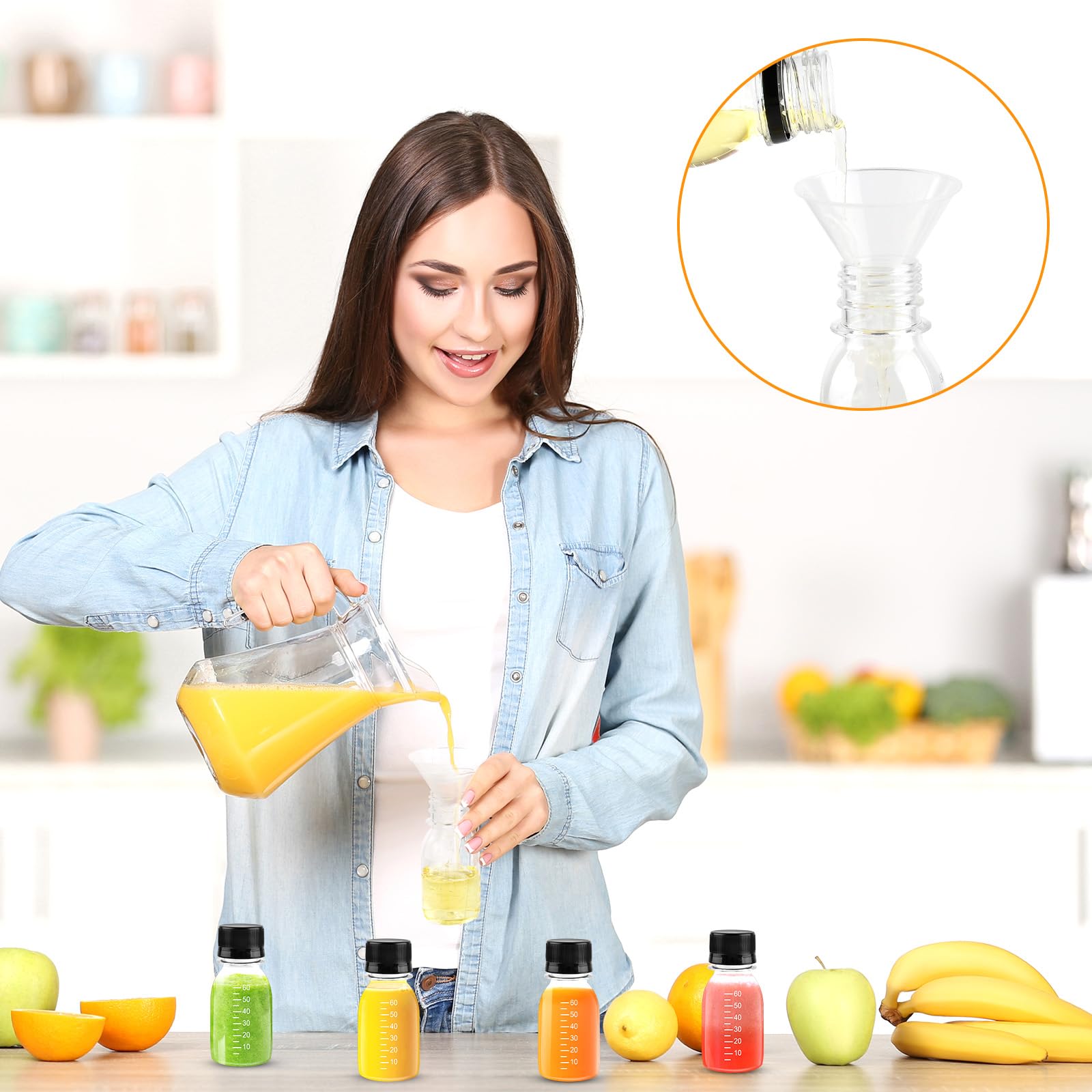 Supkiir 48Pcs 2oz Plastic Shot Bottles for Liquids, Clear Reusable Juice Bottles with Lids Scale Labels Funnels, Leak proof Mini Ginger Shots Jars for Juice Sauce Whiskey Milk Portable Travel