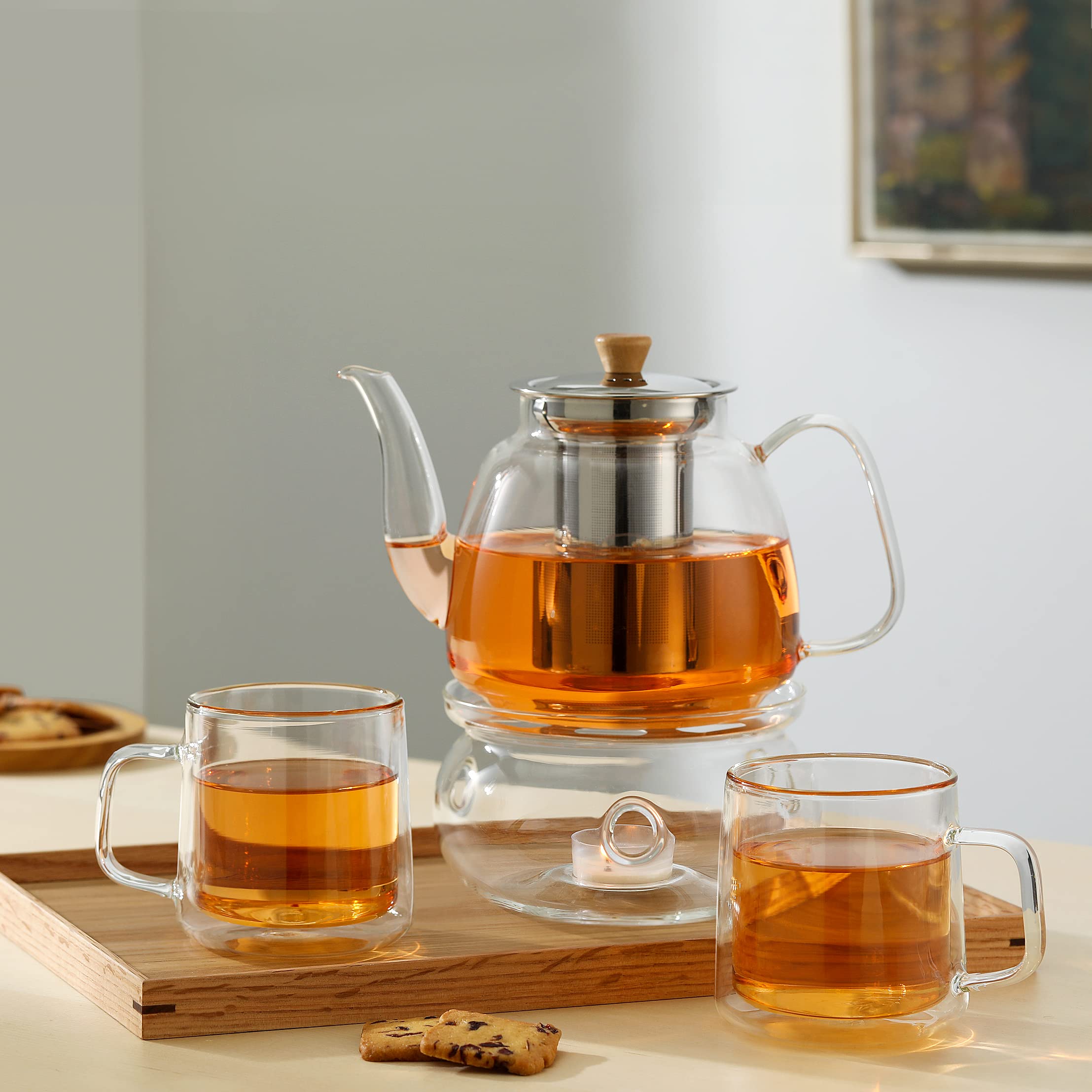 CNGLASS 1100ml Glass Teapot with Infuser,Clear Glass Tea Kettle with Removable Stainless Steel Strainer,Stovetop Safe Glass Teapot for Blooming and Loose Leaf Tea