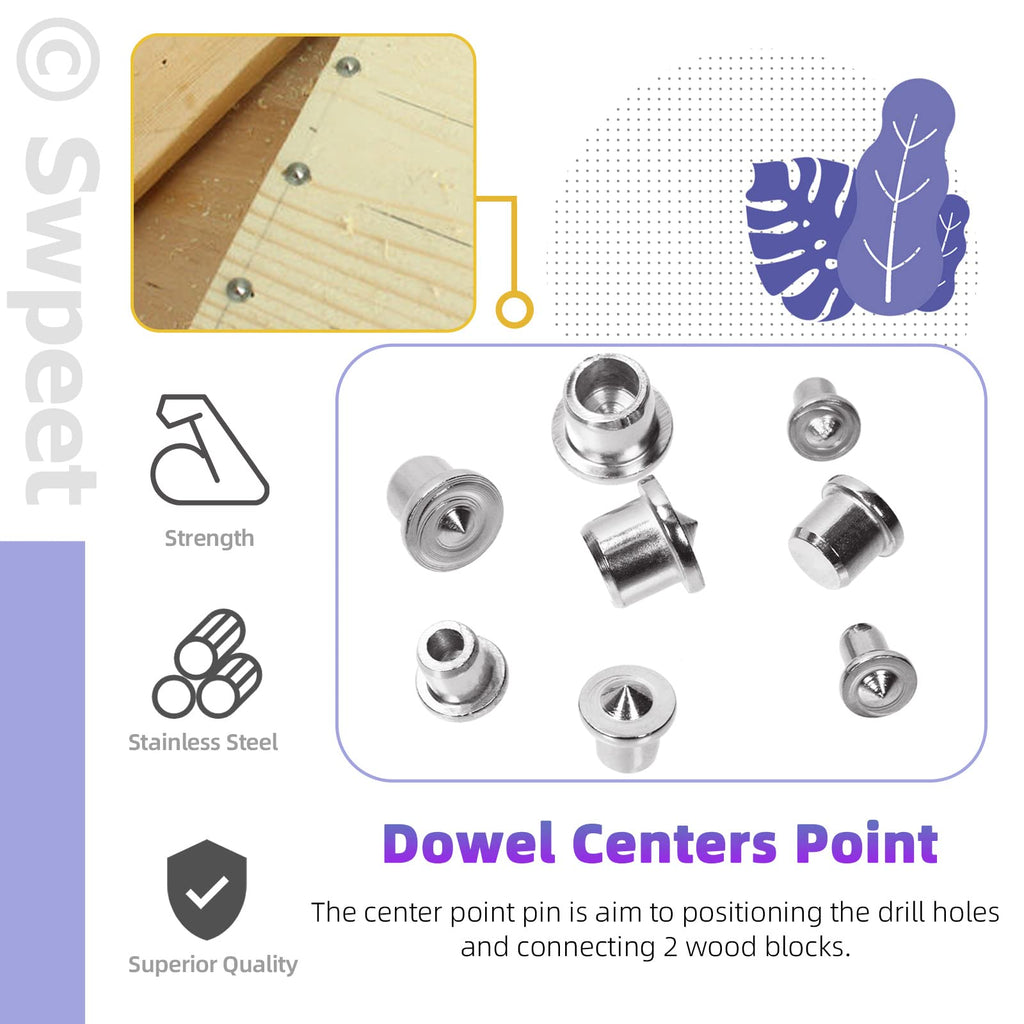 Swpeet 505Pcs 4 Sizes 1/4" 5/16" 3/8" 1/2" Wooden Dowel Pins Straight Grooved Pins with Center Point Cylinder Wood Dowels Assortment Kit, Dowel and Tenon Center Transfer Plugs Point for Furniture