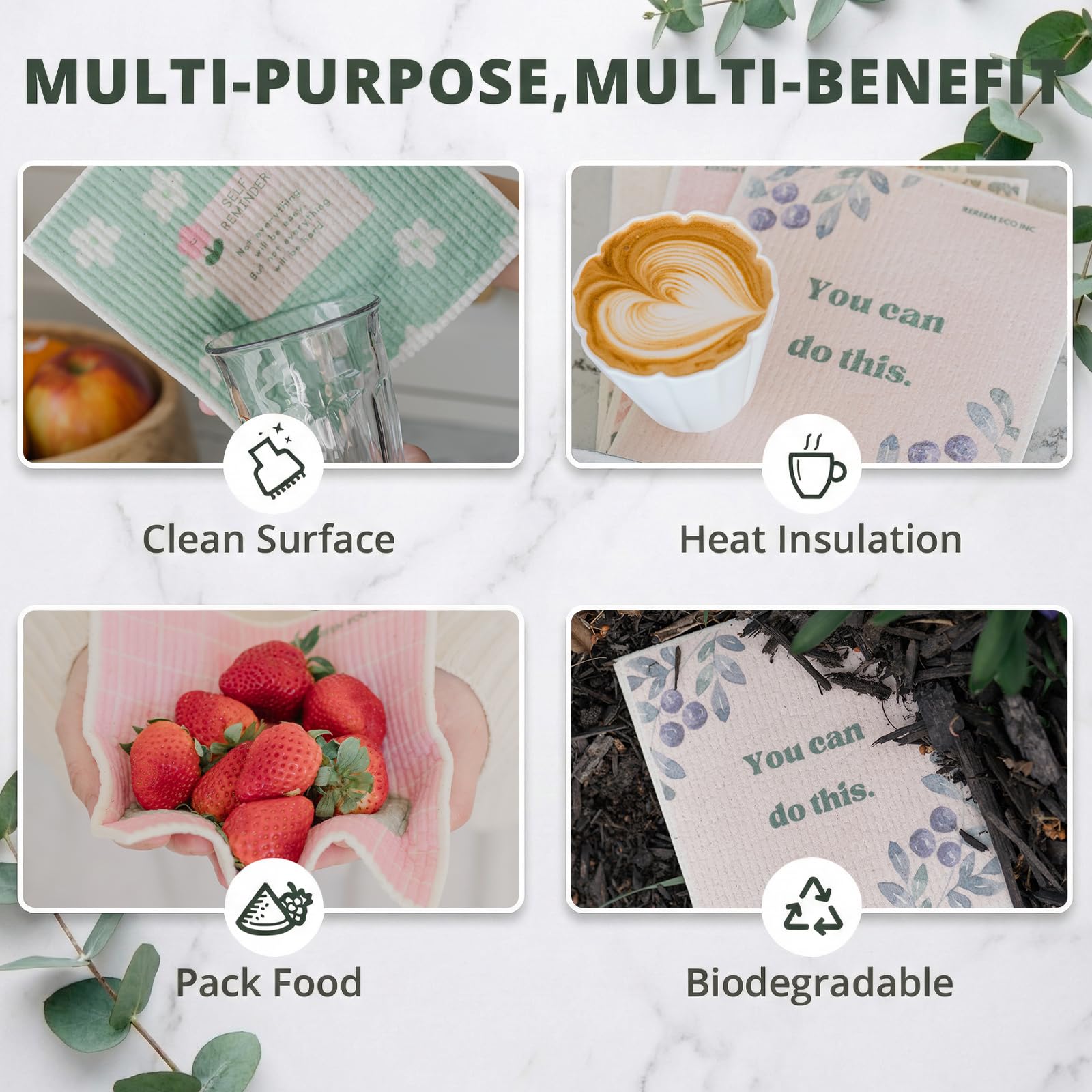 ReReem Swedish Dish Cloths – 6-Pack Reusable, Biodegradable Cellulose & Cotton Cleaning Towels – Plant Lover